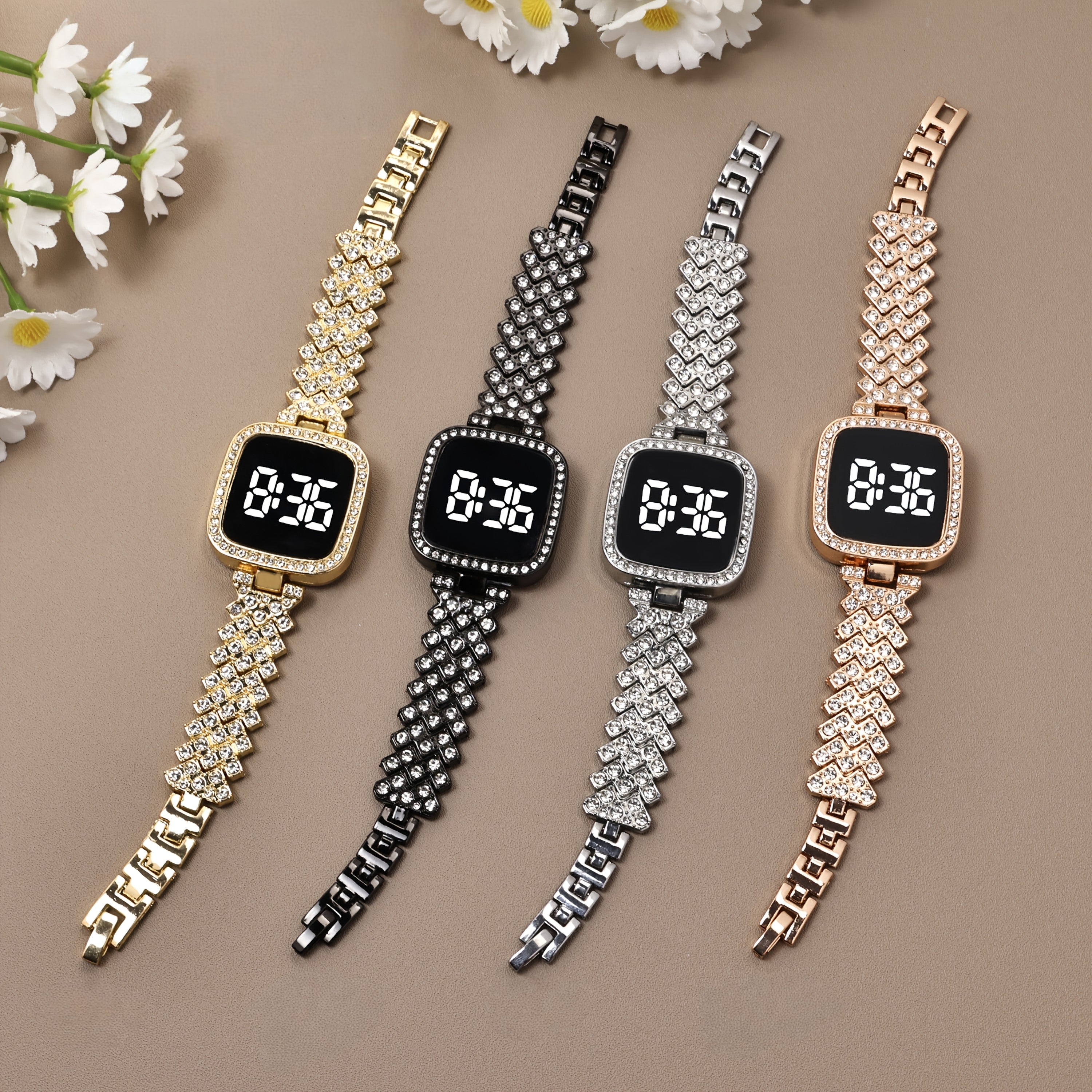 1pc Elegant Square LED Chronograph Watch with Sparkling Rhinestones - Stainless Steel Band, Digital Display, Non-Rechargeable Battery, Perfect for Daily Decor, Everyday Accessory|Elegant Watch Design|Durable Watch Band, Squar